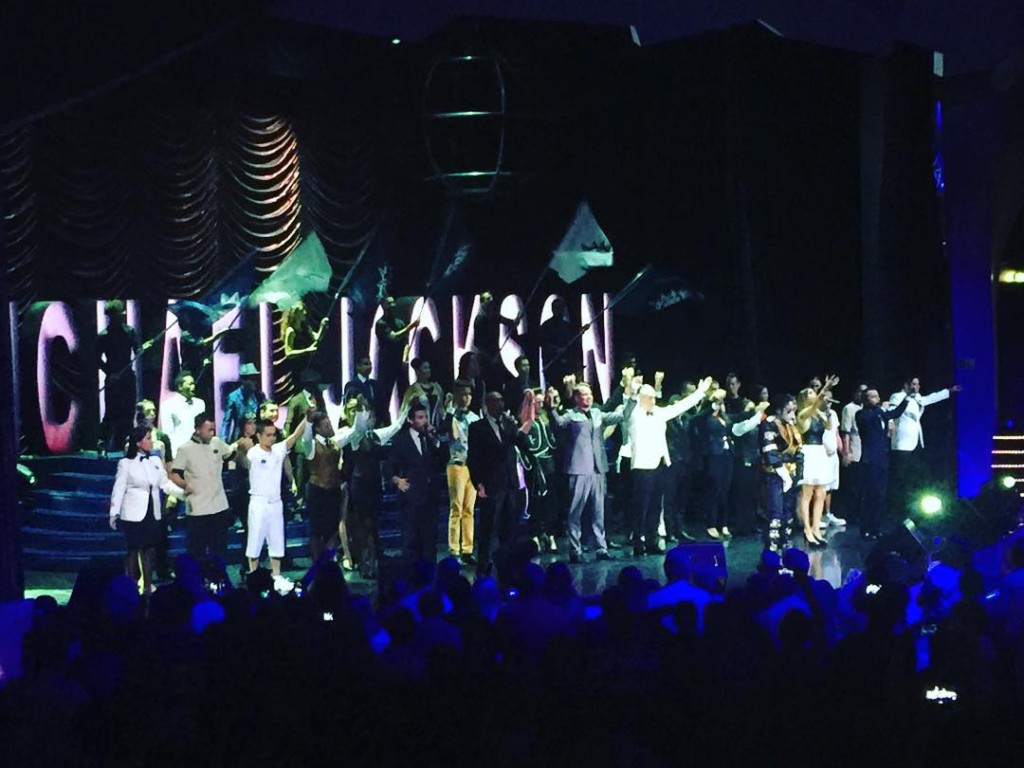 The cast of the Michael Jackson tribute show, Starwalker, along with members of the entertainment team and the Captain on MSC Divina