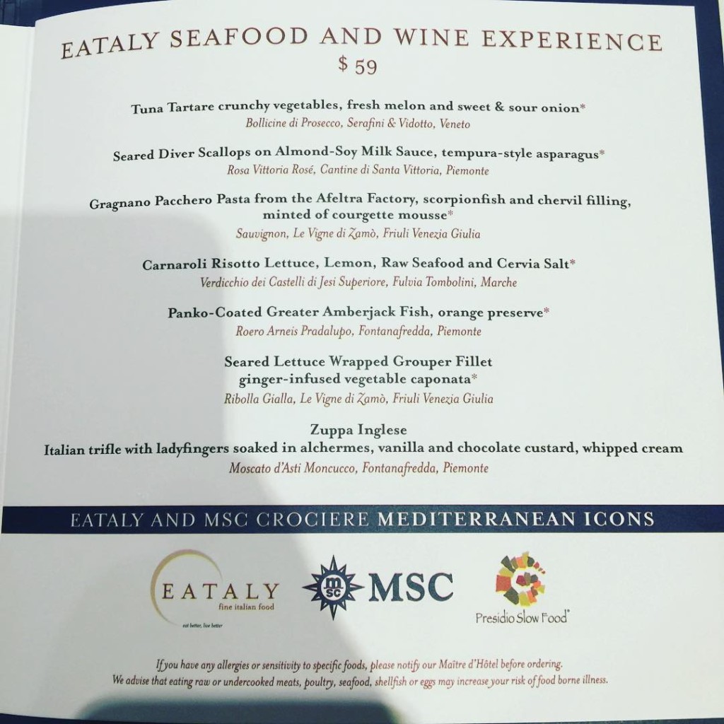 Seafood and Wine Experience menu from Ristorante Italiano on MSC Divina