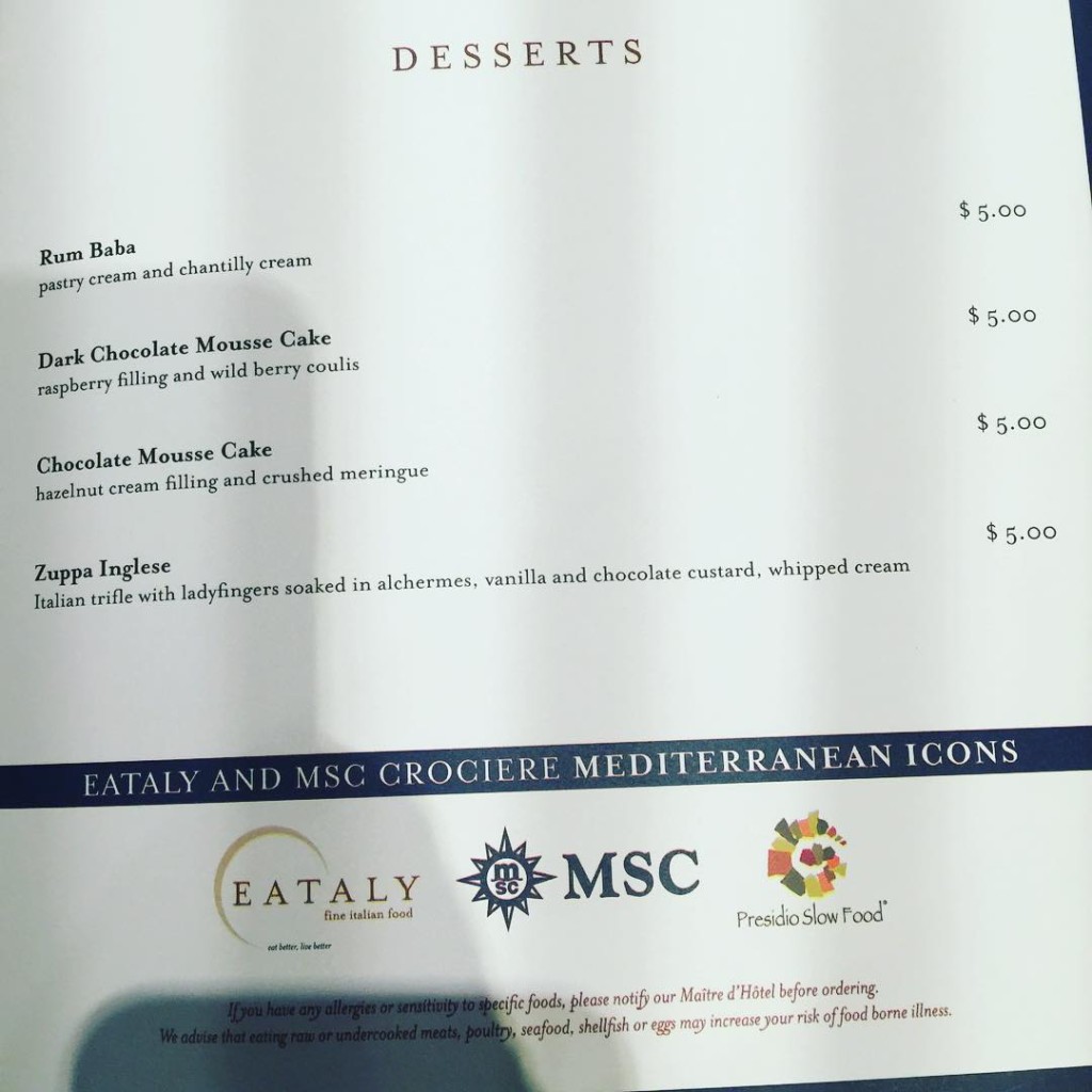 Dessert menu from Ristorante Italiano on MSC Divina