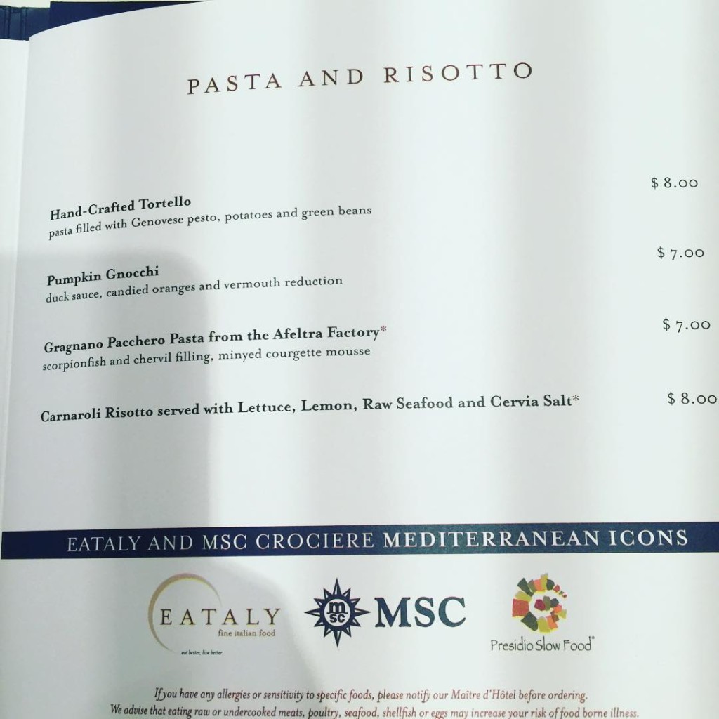 Pasta and Risotto menu from Ristorante Italiano on MSC Divina