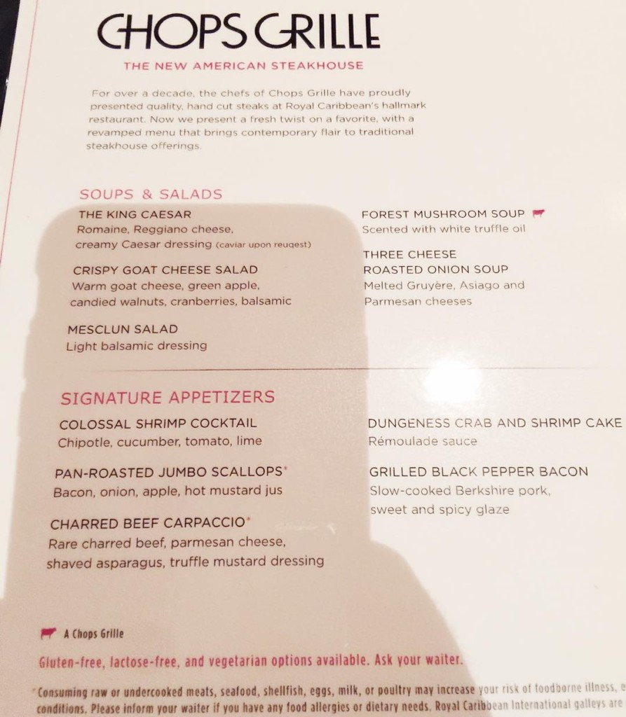 The menu from Chops Grille on Royal Caribbean's Independence of the Seas