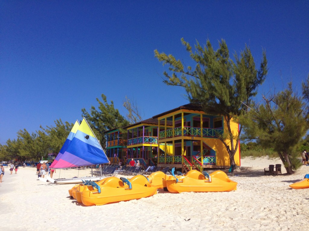 Kayaks to rent and a view of the Beach Villas on Half Moon Cay