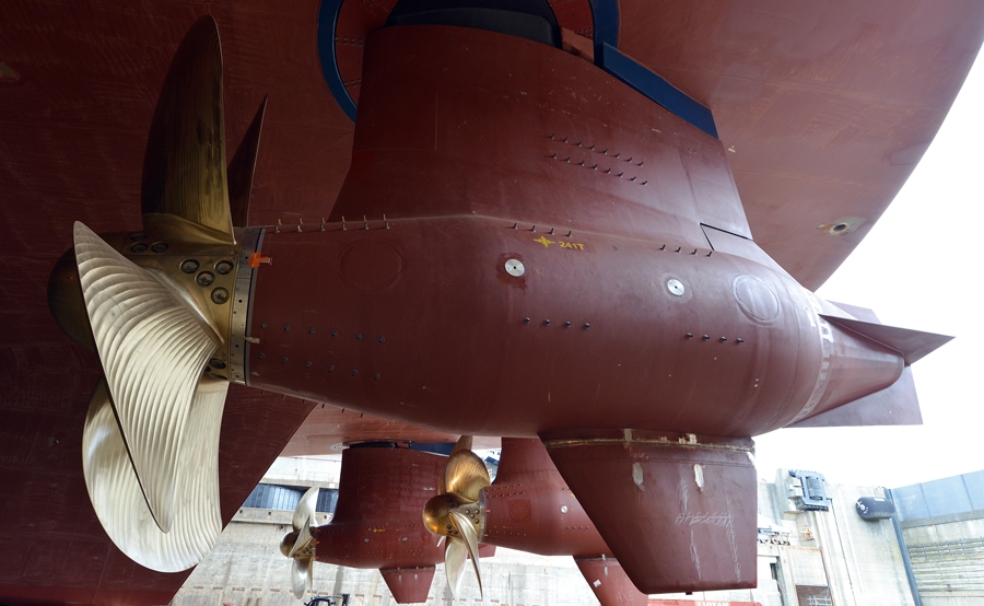 The giant azipods what will drive one of the world's largest cruise ship, Symphony of the Seas, as shown wile under construction at STX shipyard in France.  Photo credit: Royal Caribbean