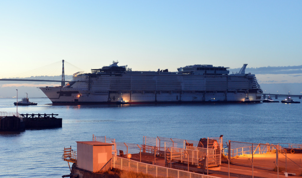 Royal Caribbean's Symphony of the Seas is floated out of dry dock at the STX shipyard in France. The ship is scheduled to be delivered in 2018. Photo credit: Royal Caribbean