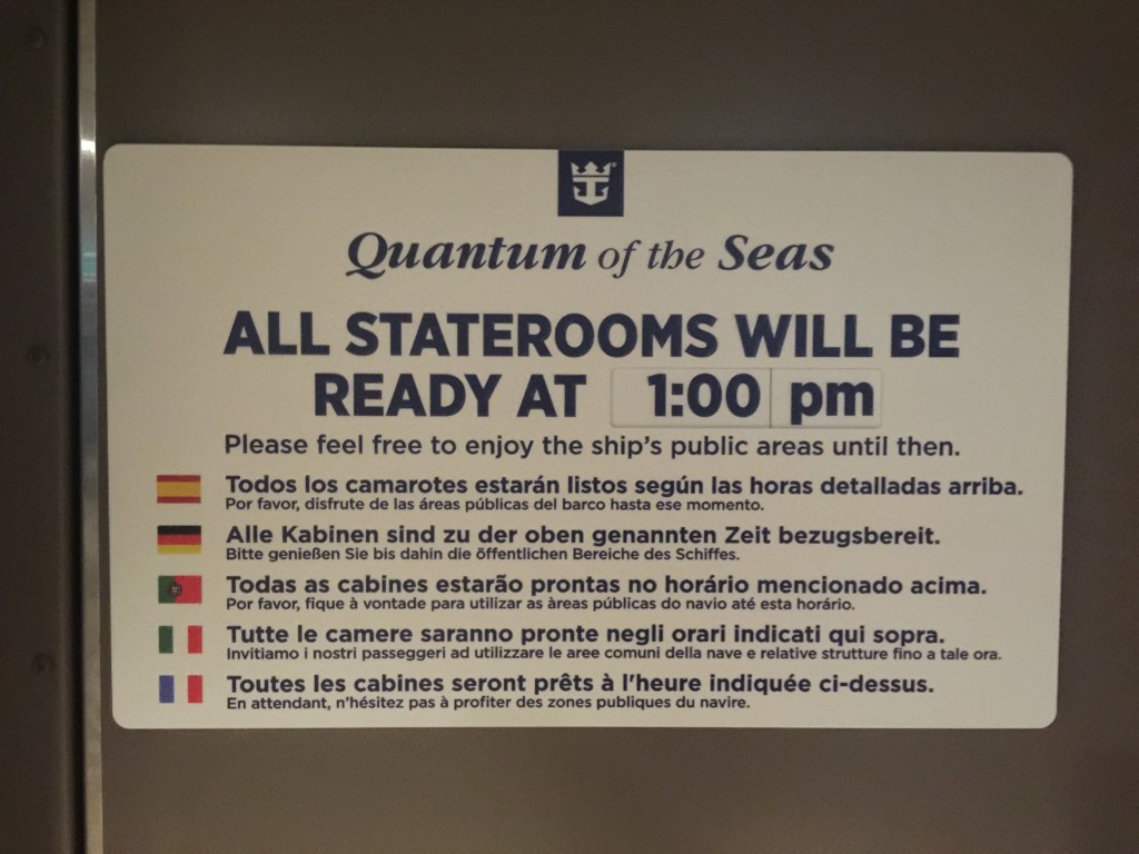 Sign advising guests on Quantum of the Seas advising guests staterooms will be ready at 1pm.