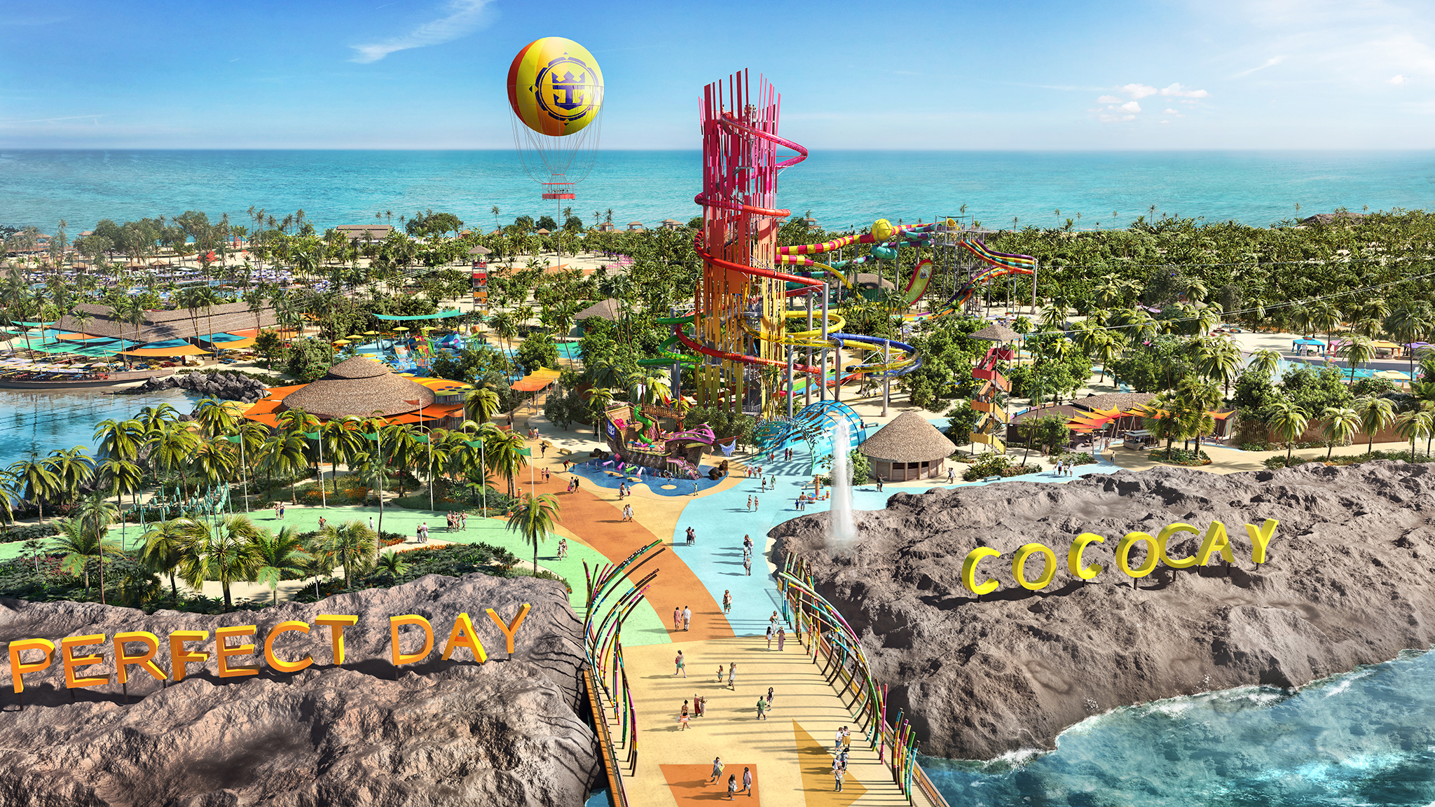 Aerial view of Perfect Day at Coco Cay in the Bahamas. Photo credit: Royal Caribbean