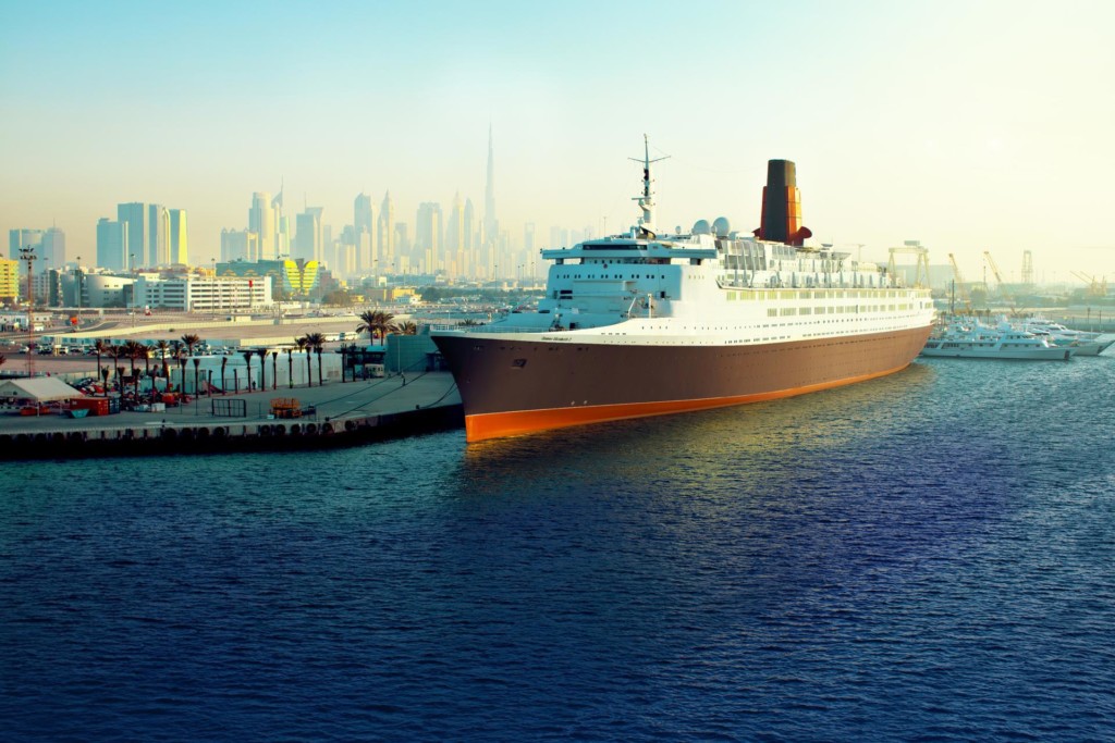 The QE2 docked in Dubai. Photo credit: PCFC Hotels