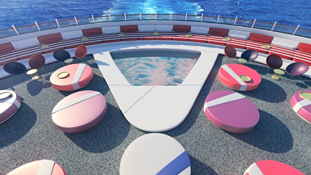 Step out onto the netting and gaze at the sea below in this artist rendering of one of the features of The Athletic Club on Virgin Voyages Lady Ship. Photo credit: Virgin Voyages