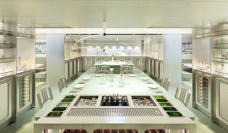 Artist rendering of the Test Kitchen on Virgin Voyages Lady Ship. Photo credit: Virgin Voyages