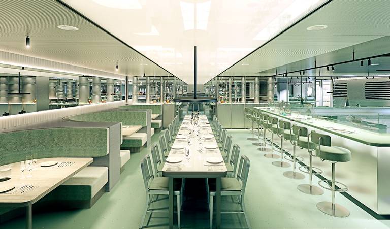 Artist rendering of the Test Kitchen on Virgin Voyages Lady Ship. Photo credit: Virgin Voyages