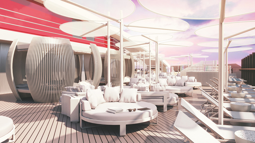 Artist rendering of the VIP Deck, or Richard's Rooftop, on Virgin Voyages Lady Ship. Photo credit: Virgin Voyages