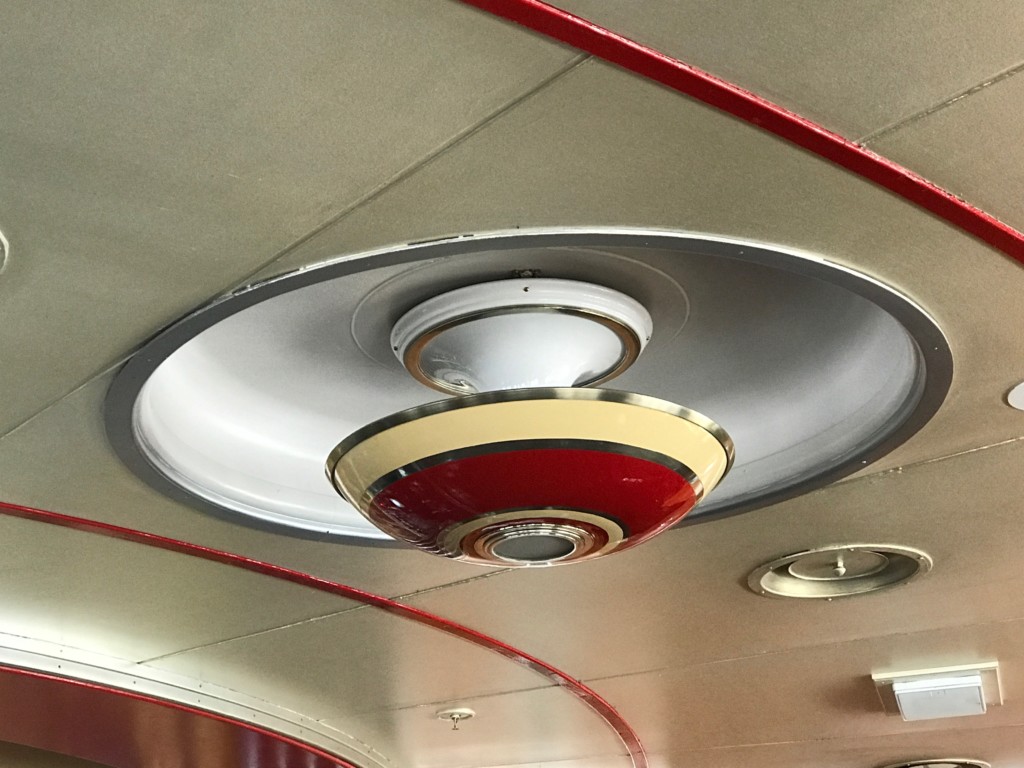 An art-deco style ceiling light in the Observation Bar on the Queen Mary