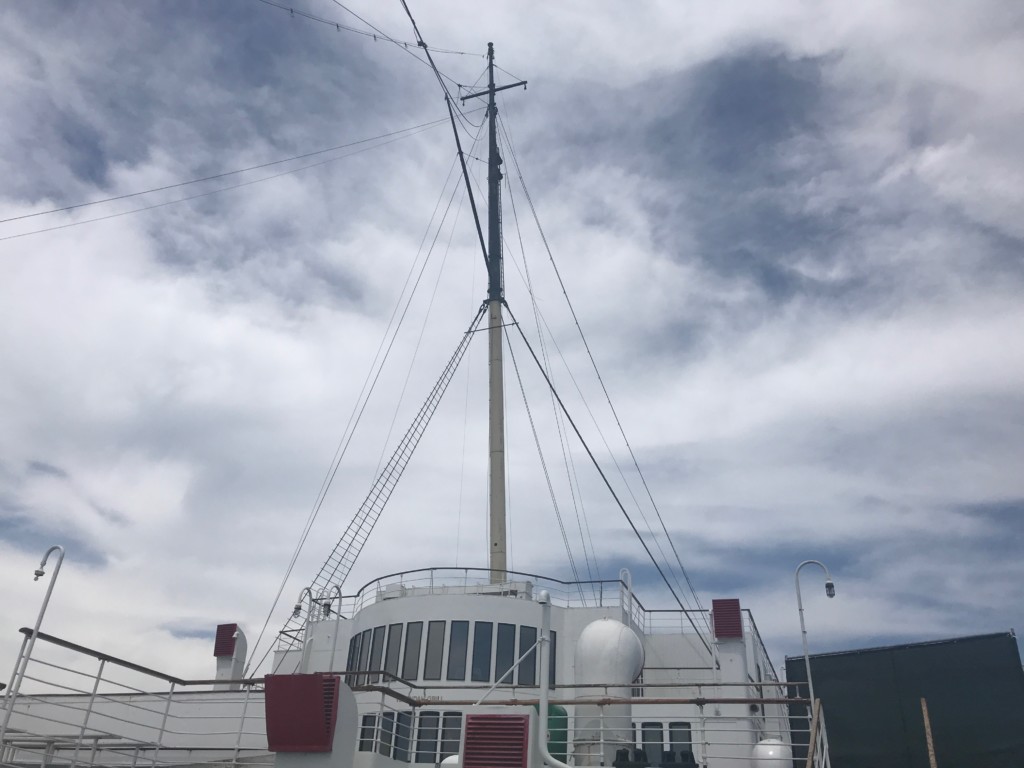 A view of the windows of one of the ship's restaurants, the Verandah Grill, from the stern of the Queen Mary