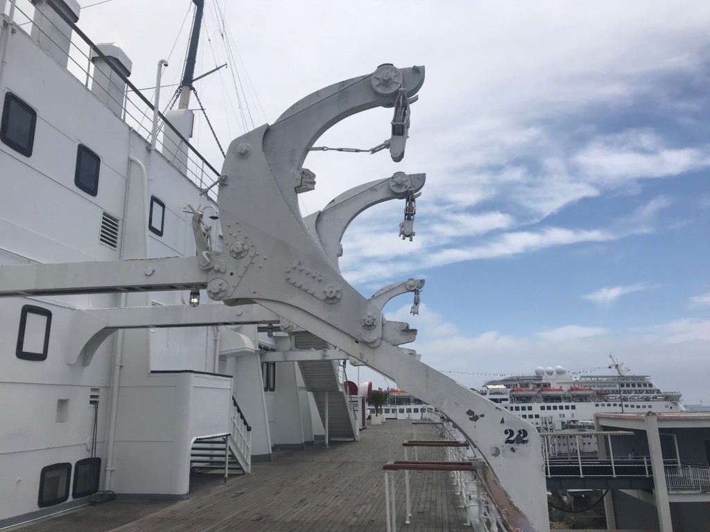 Lifeboats on the Queen Mary as seen from the port side Sun Deck