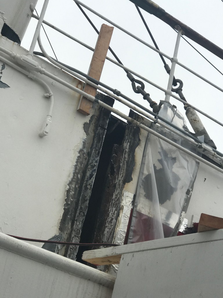 A large gap in the structure of the Queen Mary where construction work was going on to facilitate a repair