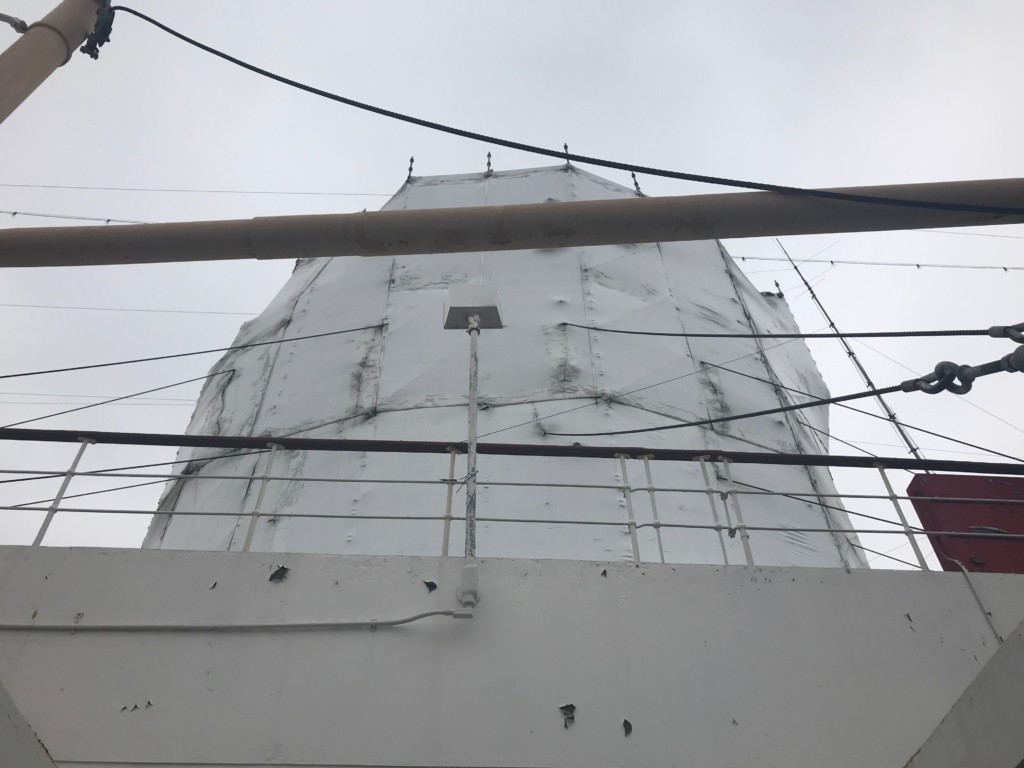 This funnel on the Queen Mary is currently undergoing maintenance