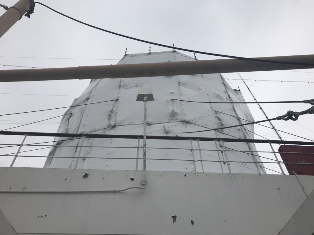 One of the Queen Mary's funnels being repaired