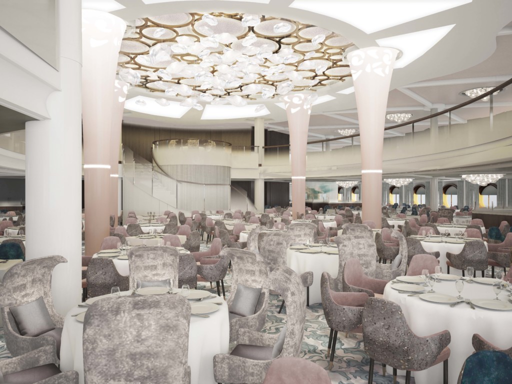 As part of THE CELEBRITY REVOLUTION, the already-stunning Main Restaurants will undergo a beautiful redesign, with new textures and new finishes added throughout. Photo credit: Celebrity Cruises