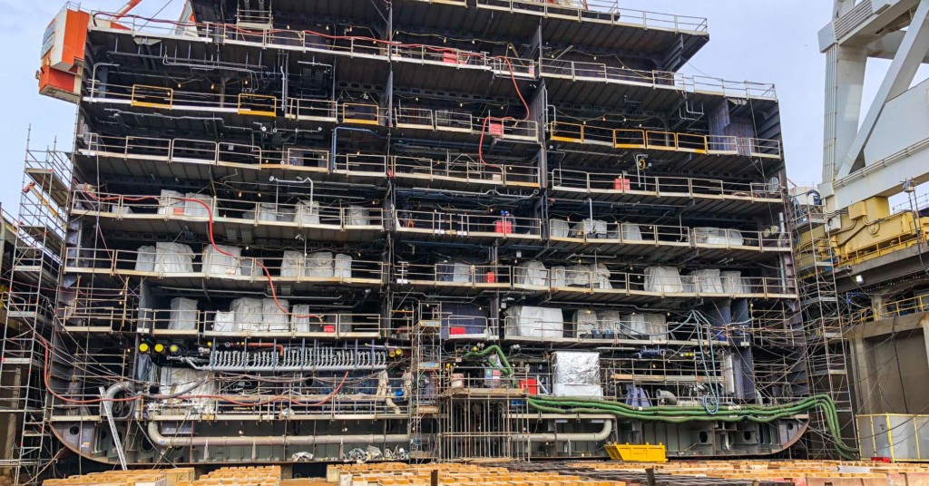 Virgin Voyages first cruise ship under construction at the Fincantieri shipyard in Italy. Photo credit: Virgin Voyages