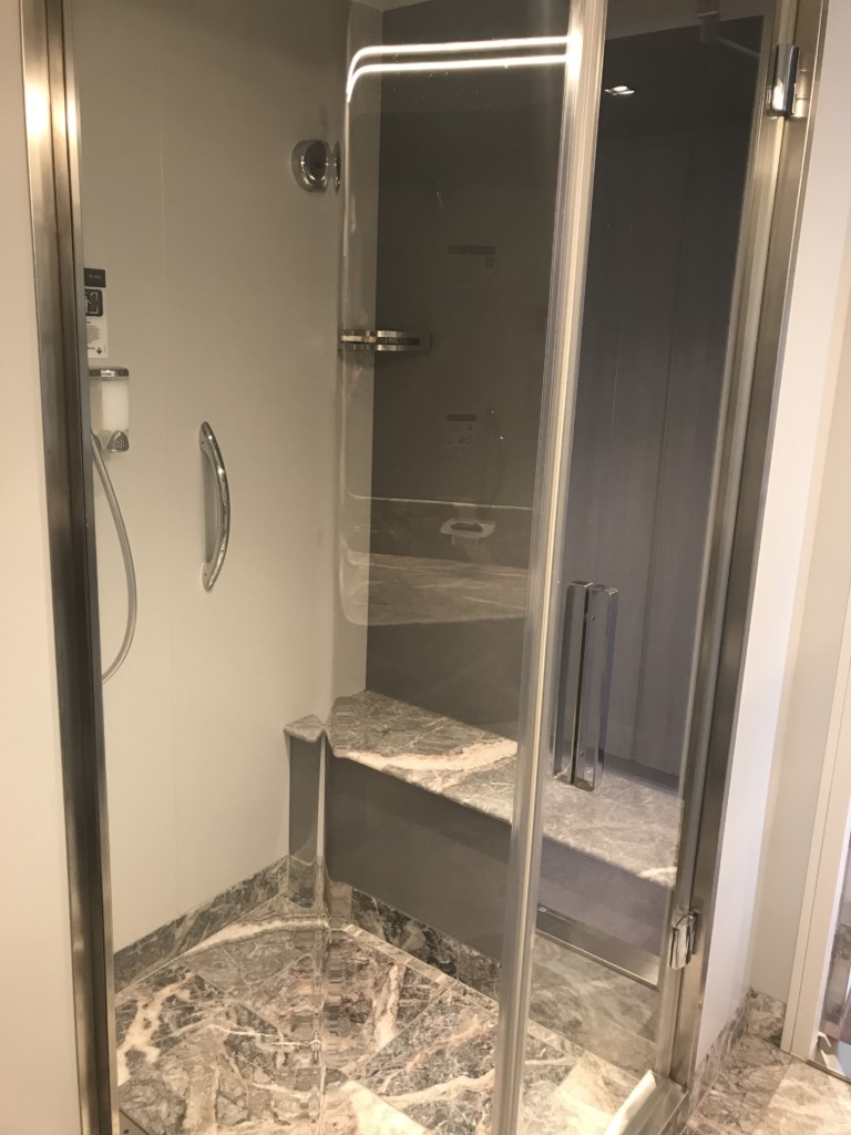 The shower in Yacht Club suite 16007 on MSC Seaside