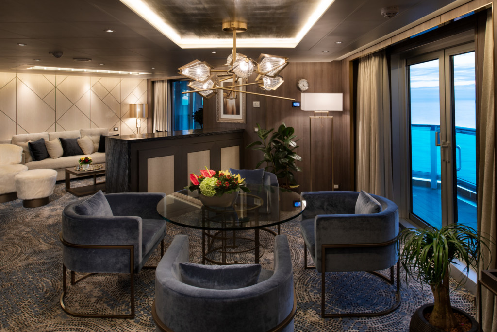 Pinnacle Suite - Living Room - Room #7053 on ms Nieuw Statendam. Photo credit: Holland America Line