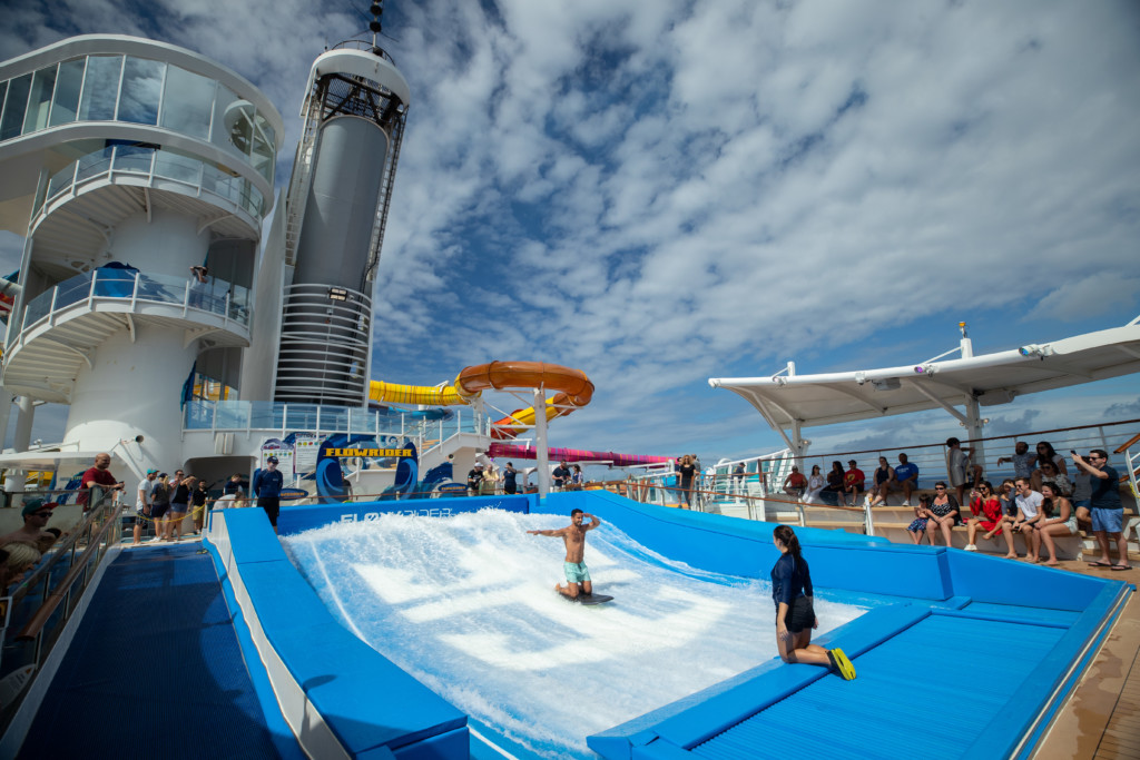 The aft of Navigator of the Seas features the ship’s FlowRider surf simulator, The Perfect Storm waterslides, the Sports Court and the rock-climbing wall.