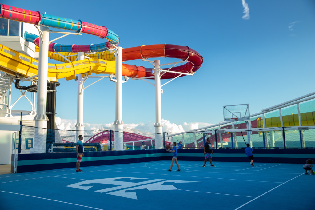 The aft of Navigator of the Seas features the ship’s FlowRider surf simulator, The Perfect Storm waterslides, the Sports Court and the rock-climbing wall.