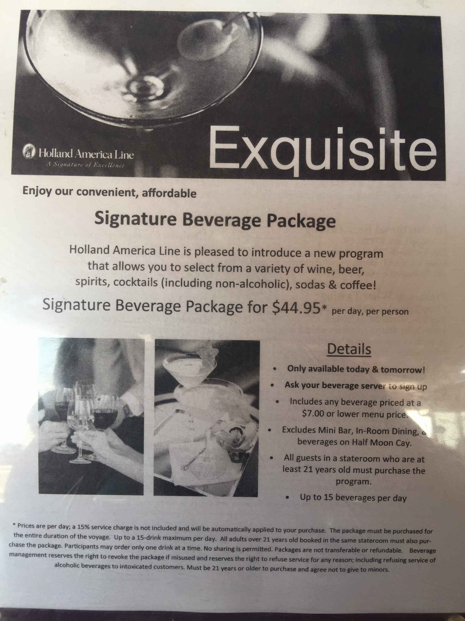 A look at the Signature Beverage Package offered on Holland America Noordam in March 2015