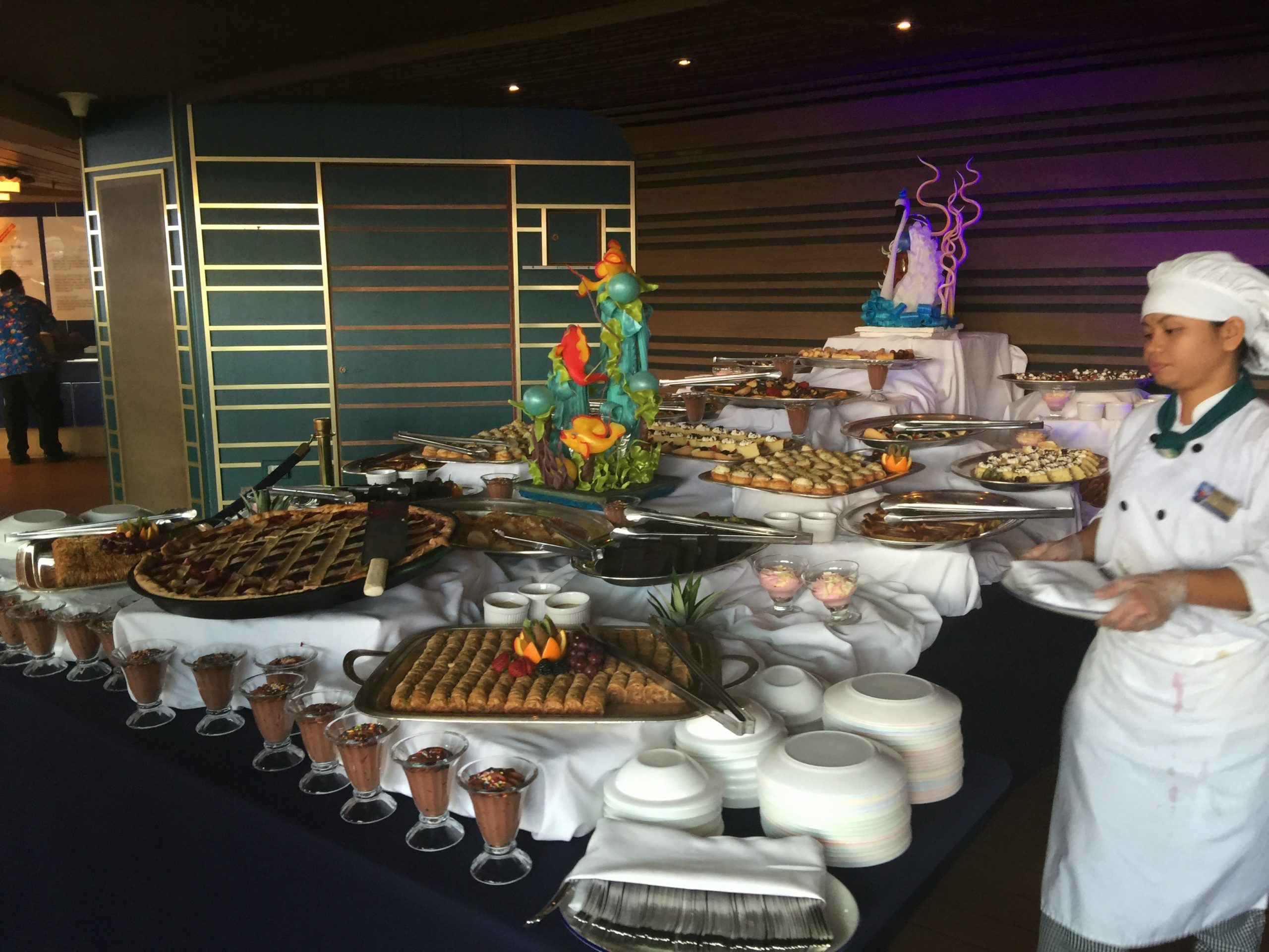 A dessert station setup for the deck party on the Lido of the Noordam