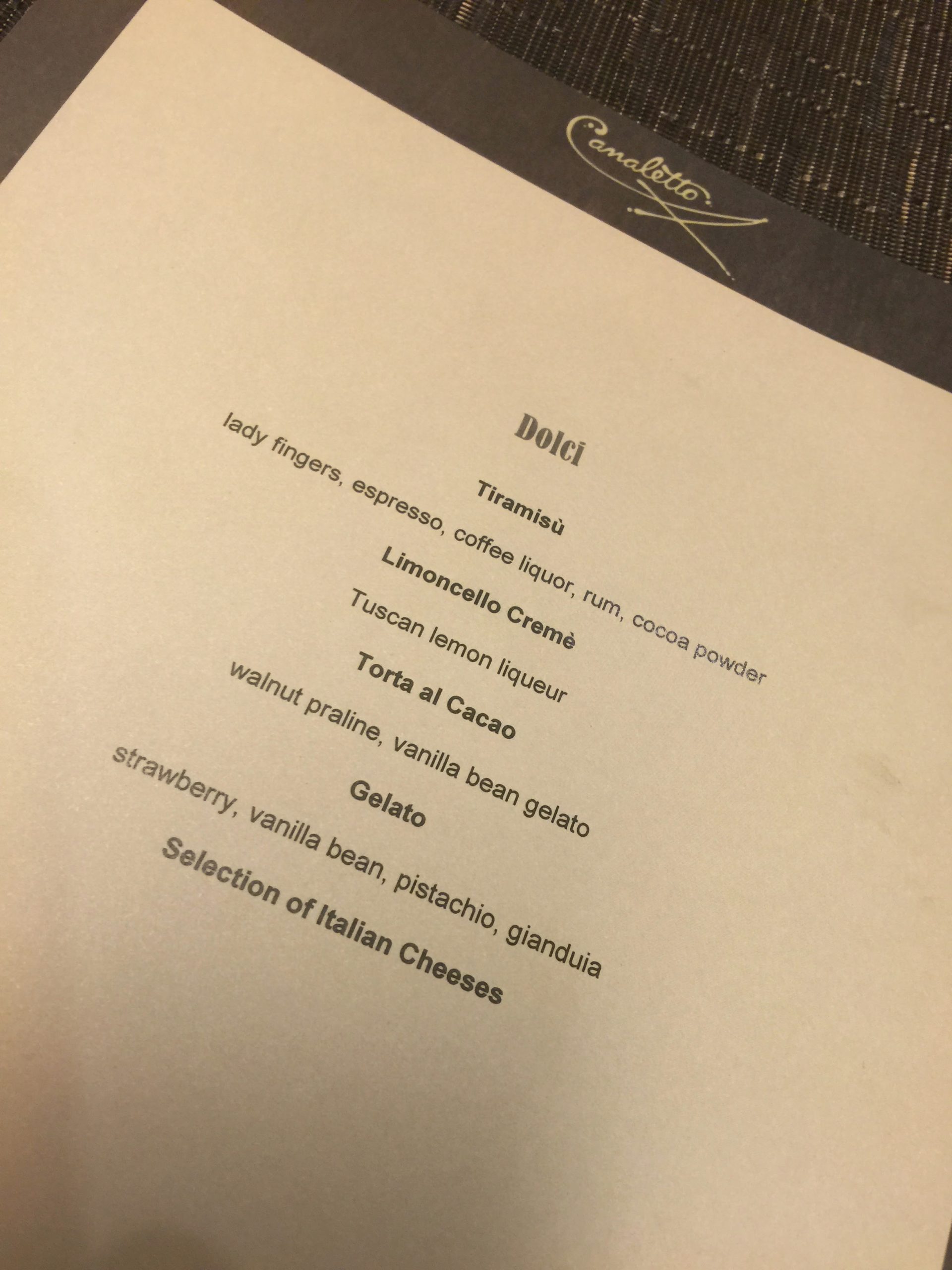 A peek at the dessert menu from Canaletto on Noordam