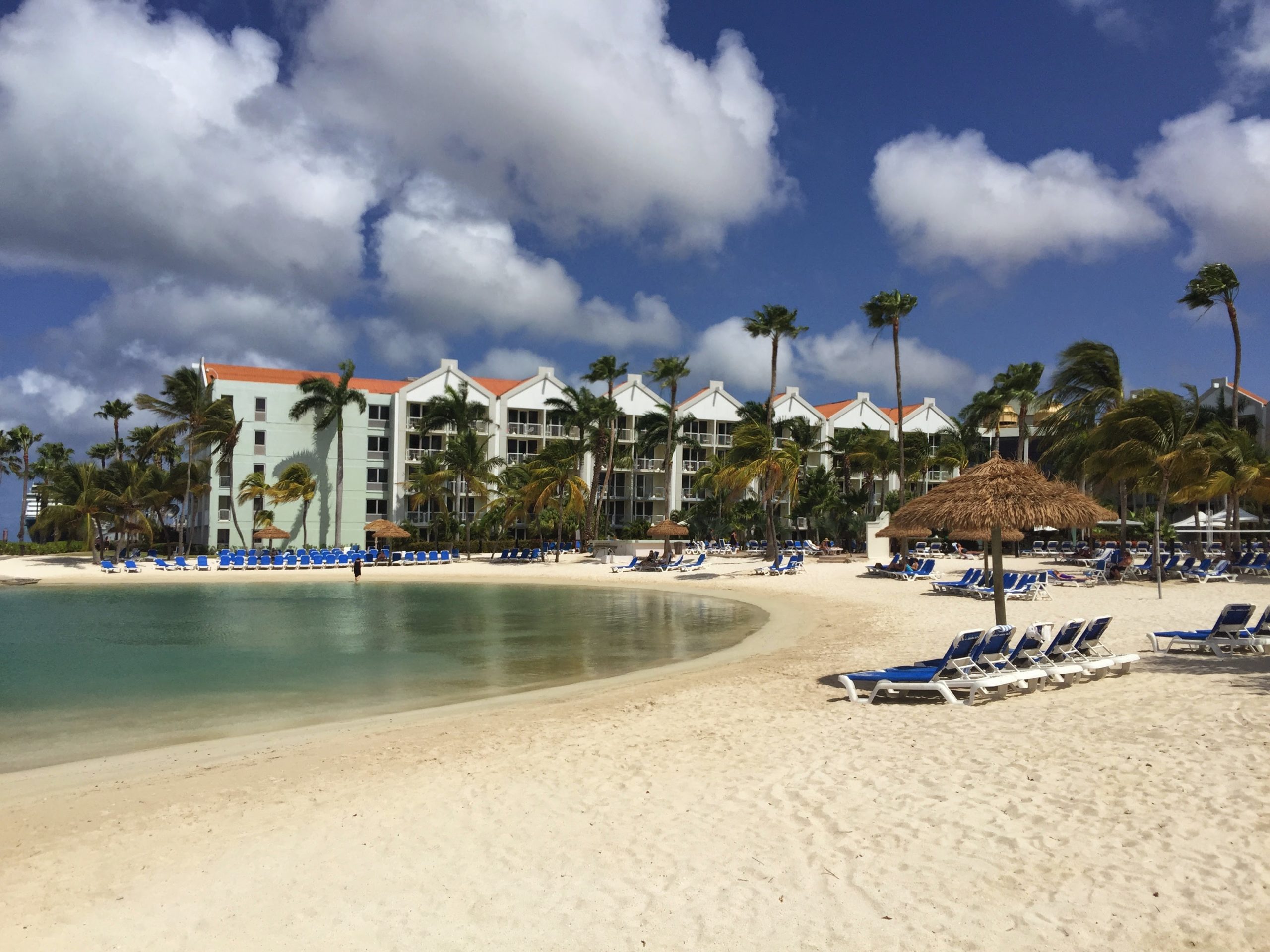 The pool and beach area of the Renaissance resort in Aruba which is not far from the cruise port.