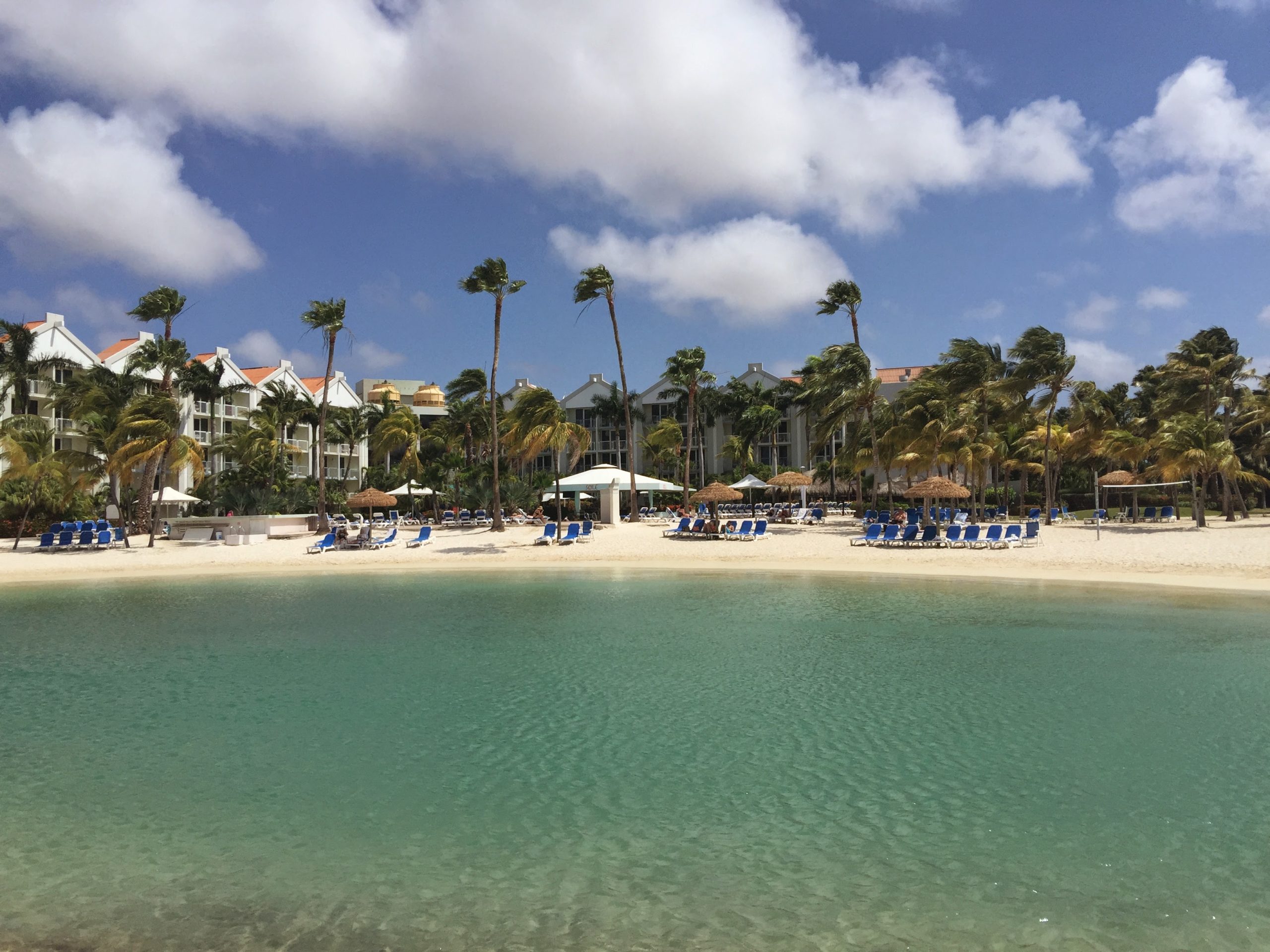 The pool and beach area of the Renaissance resort in Aruba which is not far from the cruise port.