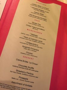 A peek at the menu from An Evening at Le Cirque onboard Holland America Line