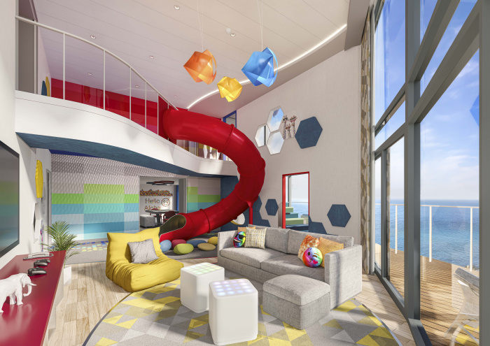 Icon of the Seas will debut the first Ultimate Family Townhouse. Spanning three levels, the perfect home away from home for families features an in-suite slide, a cinema space, karaoke, a spacious balcony, a private entrance to the ultimate family neighborhood, Surfside, and more.