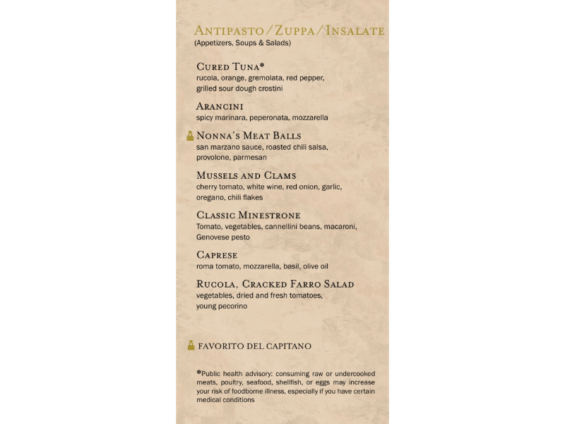 Menu from Cucina del Capitano on Carnival Celebration