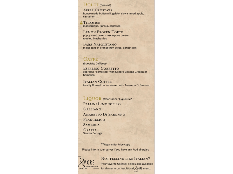 Menu from Cucina del Capitano on Carnival Celebration