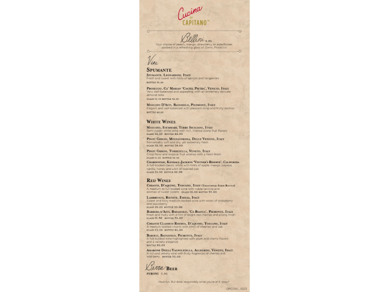 Menu from Cucina del Capitano on Carnival Celebration