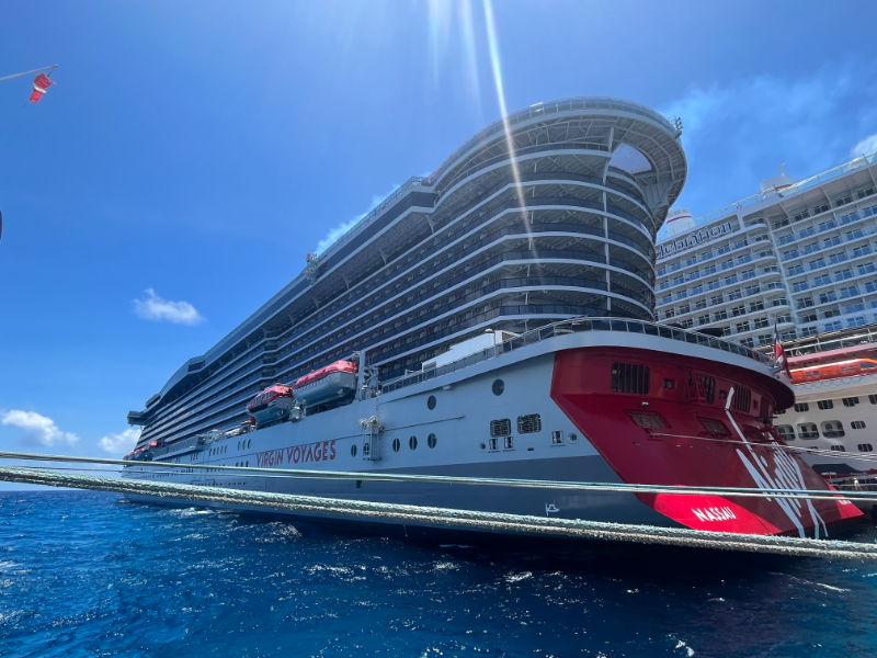 A Virgin Voyages cruise ship docked in Costa Maya