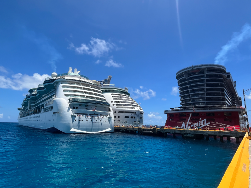 Four ships in port today in Costa Maya, two from Royal Caribbean, one from Virgin Voyages, and the Carnival Celebration