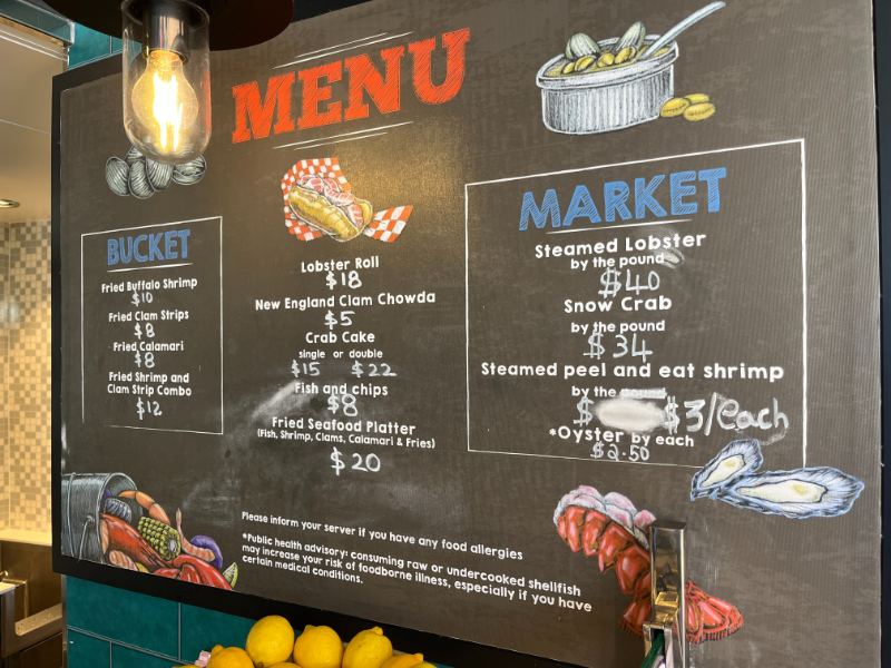 Pricing for items available at the Seafood Shack on Carnival Celebration