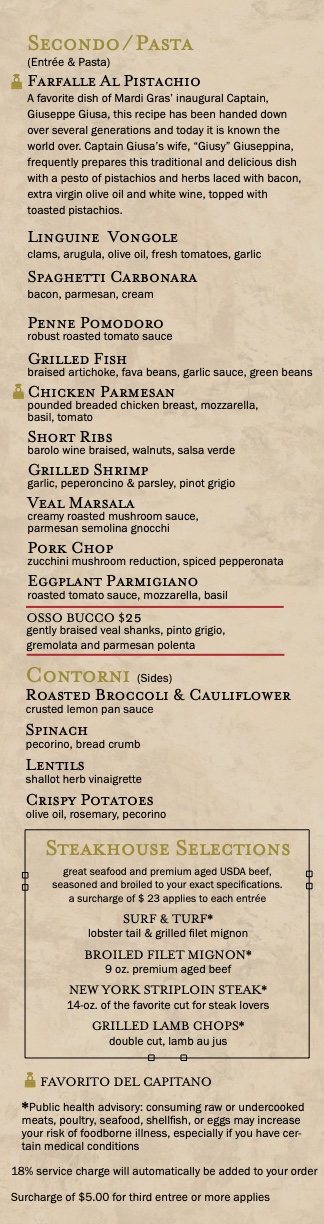 Cucina del Capitano menu on Carnival's Mardi Gras