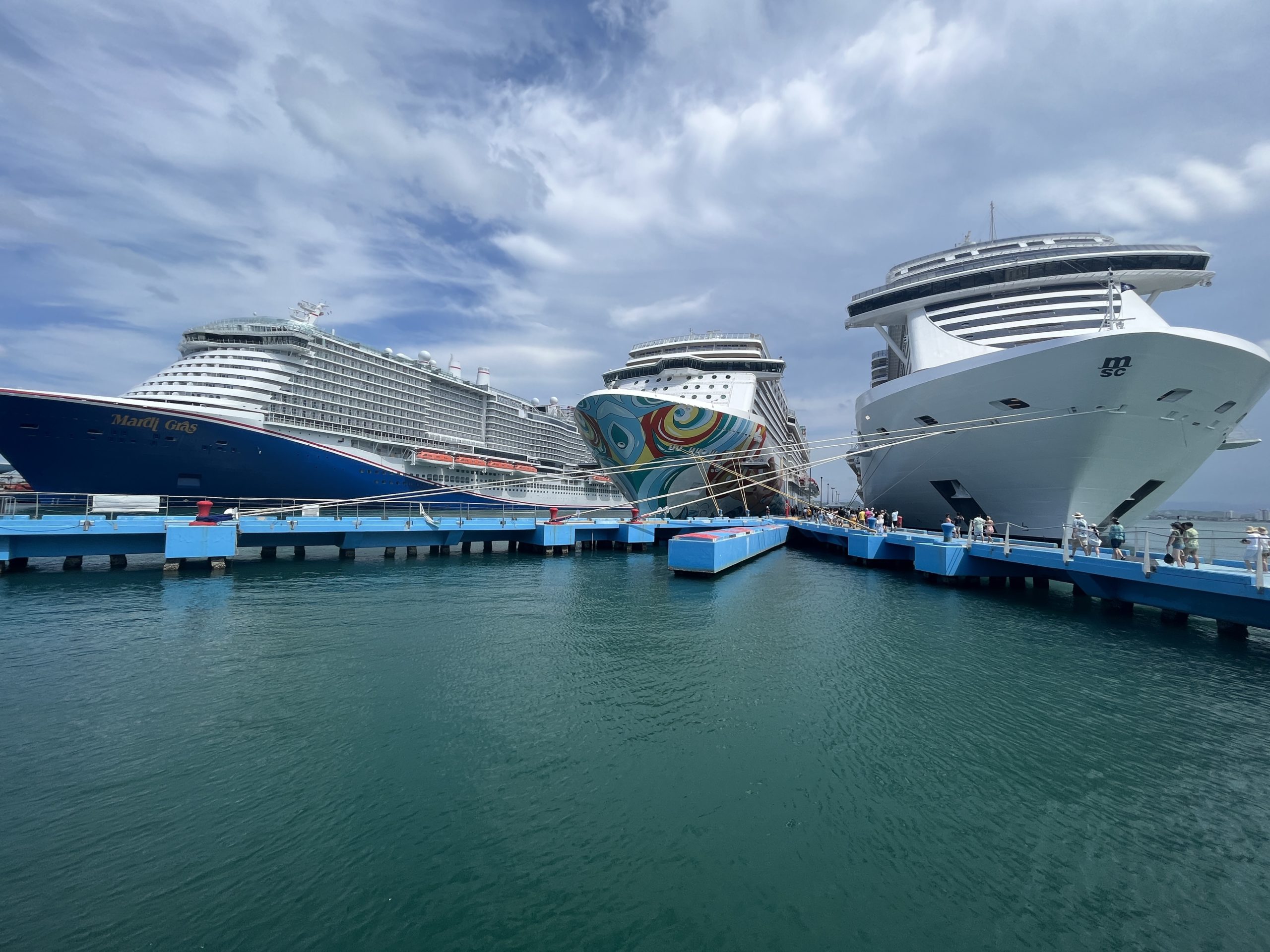 Carnival Mardi Gras, Norwegian Getaway, and MSC Seascape docked in San Juan on May 17, 2023