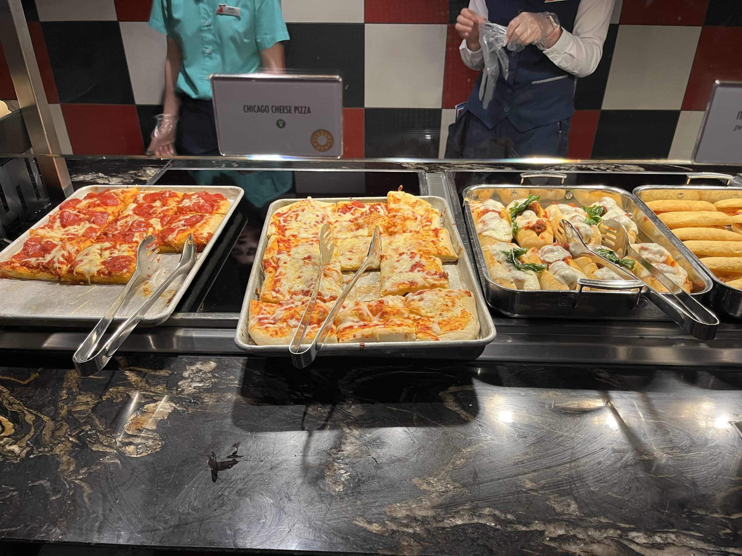 L to R: Pepperoni Pizza, Cheese Pizza, Italian Meatball Sub, Hot Dog on the new "Midnight Buffet" on Carnival Celebration