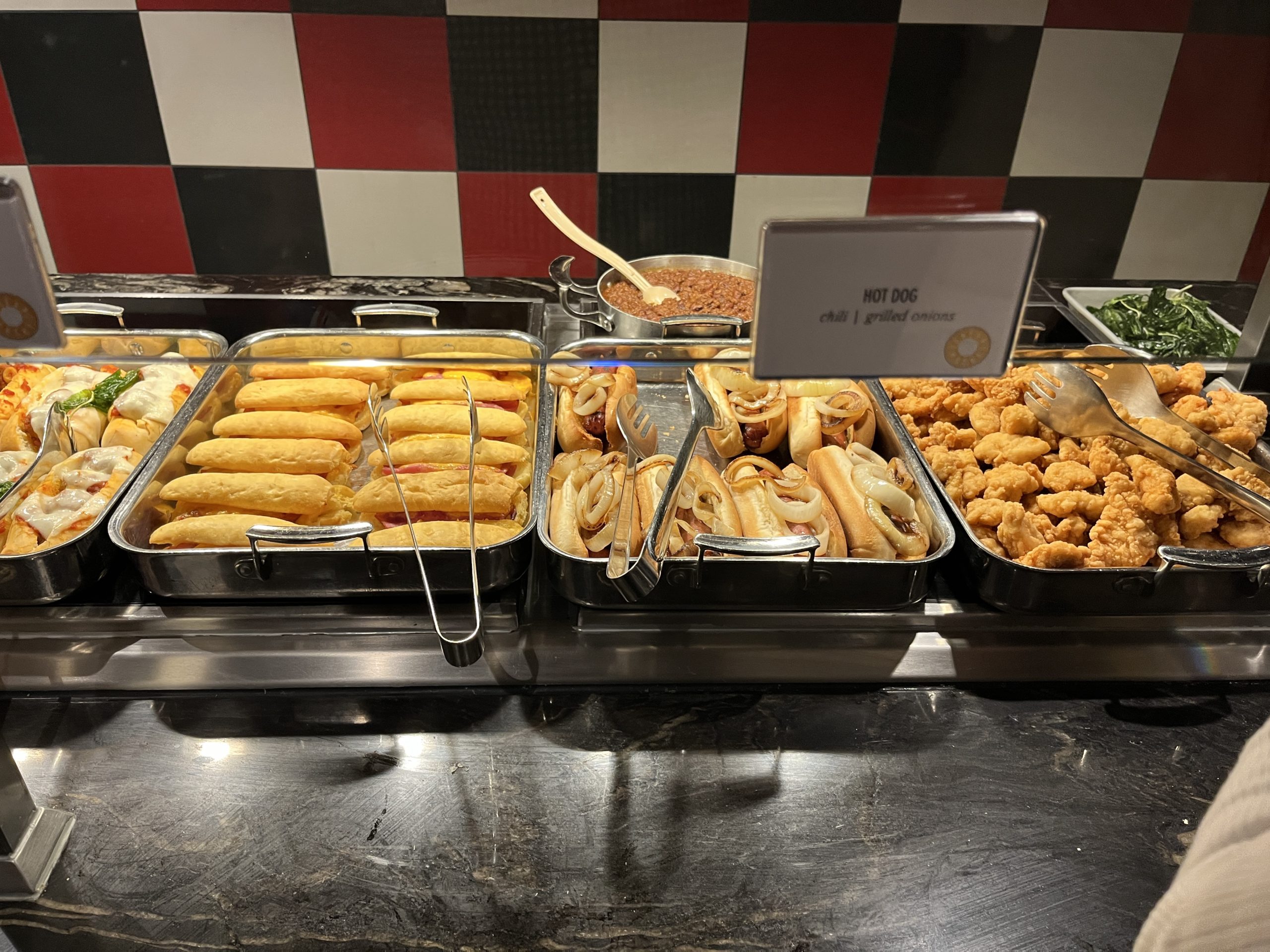 L to R: Ham & Cheese Roll, Hot Dog w/Onions, Chicken Tenders on the new "Midnight Buffet" on Carnival Celebration