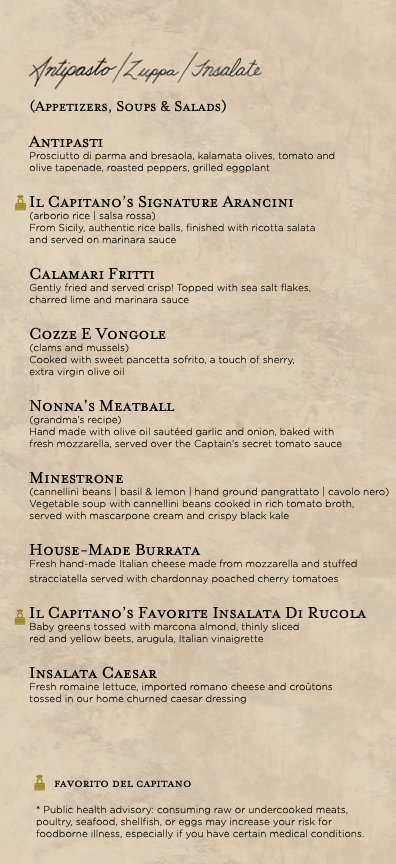 Menu from Cucina del Capitano on Carnival Horizon