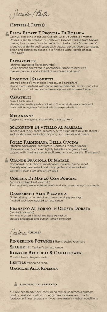 Menu from Cucina del Capitano on Carnival Horizon