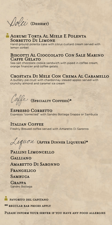 Menu from Cucina del Capitano on Carnival Horizon