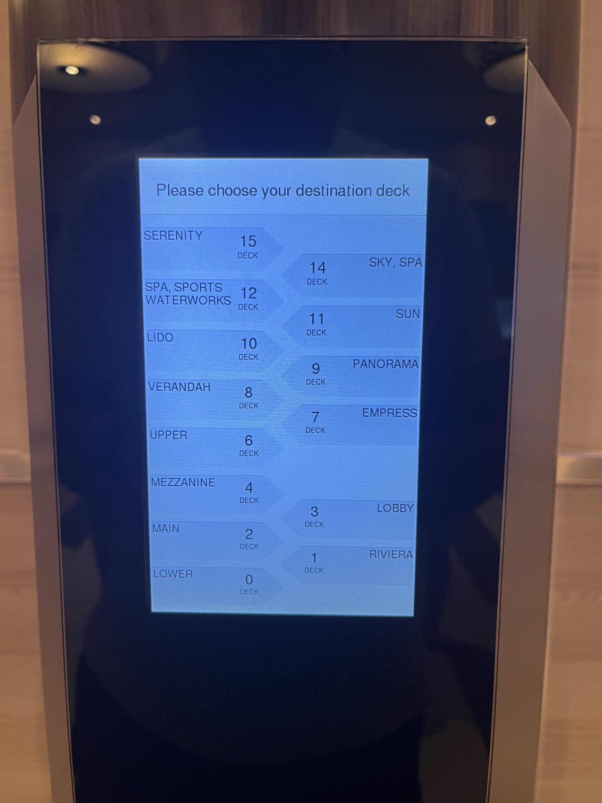 Smart elevator panel on Carnival Horizon