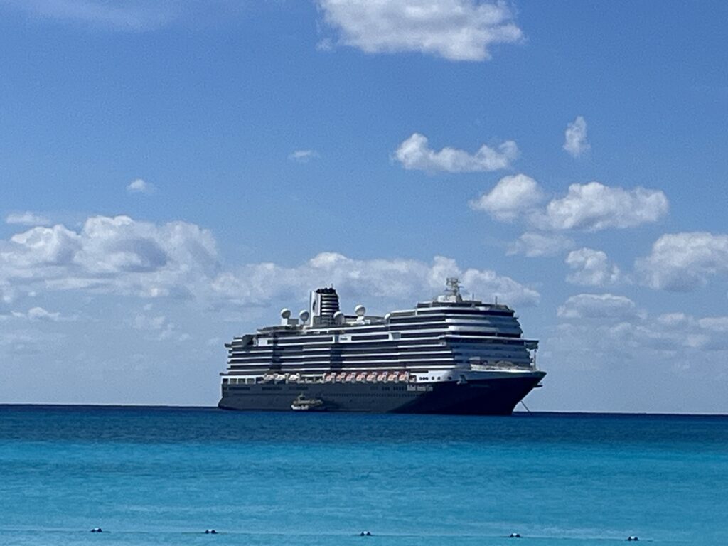 Holland America's Rotterdam at anchor at Half Moon Cay, Bahamas