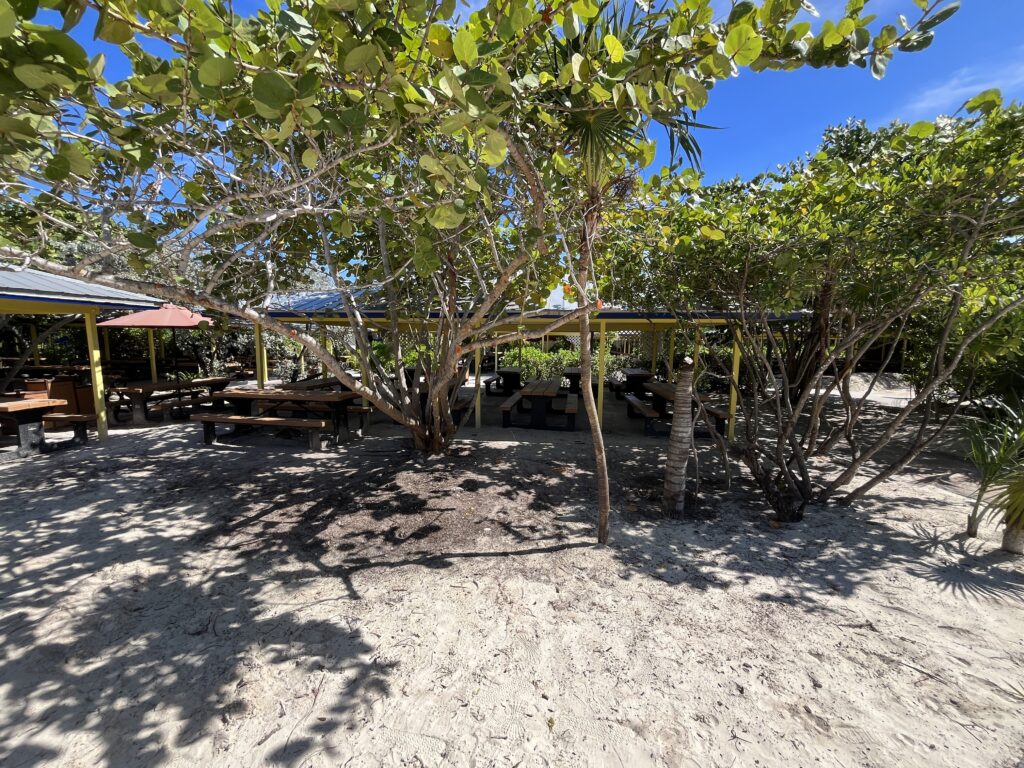 A picnic area on Half Moon Cay to enjoy the provided Island BBQ